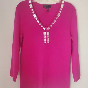PRETTY IN HOT PINK Women's V Neck Bejewelled Top 3/4 Sleeve Clear Faux Jewels M